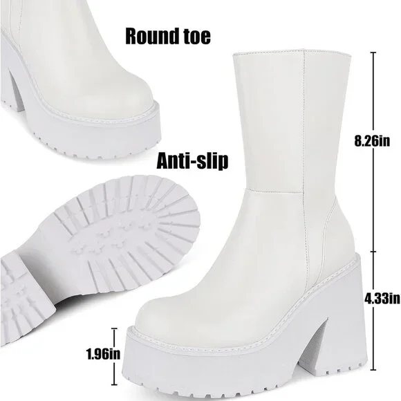 Women's Synthetic A-White Combat Wedge Heel Ankle Motorcycle Round Toe Booties - Picture 6 of 6